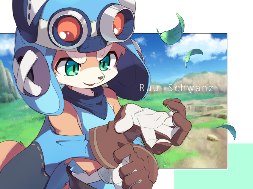 adjusting_clothes, adjusting_gloves, animal_nose, aviator_cap, bare_shoulders, belt, blue_cape, blue_headwear