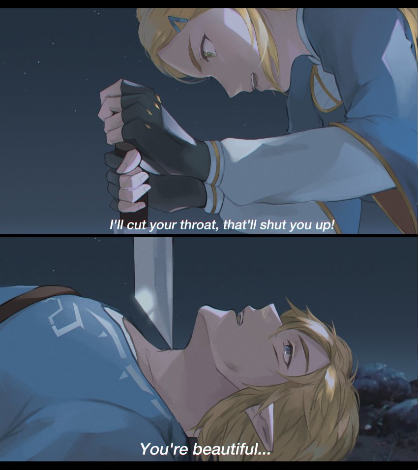 1boy, 1girl, 2koma, absurdres, angry, blade_to_throat, blonde_hair, blue_dress, blue_eyes, blue_tunic, comic, derivative_work, dress, english_text, eye_contact, fingerless_gloves, gloves, green_eyes, hair_between_eyes, hair_ornament, hairclip, half-closed_eyes, highres, holding, holding_weapon, injury, lavabun, link, long_hair, long_sleeves, looking_at_another, lying, mononoke_hime, night, nintendo, on_back, open_mouth, out_of_character, outdoors, pointy_ears, princess_zelda, shirt, sky, subtitled, talking, teeth, the_legend_of_zelda, the_legend_of_zelda:_breath_of_the_wild, threatening, tunic, upper_body, upper_teeth_only, weapon, white_shirt, wide_sleeves