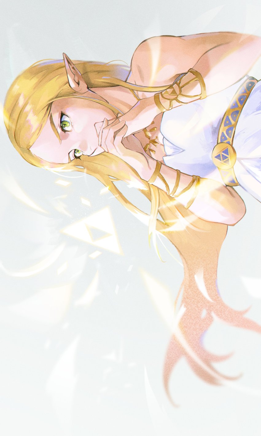 1girl, absurdres, bare_shoulders, blonde_hair, bracelet, breasts, dress, gold