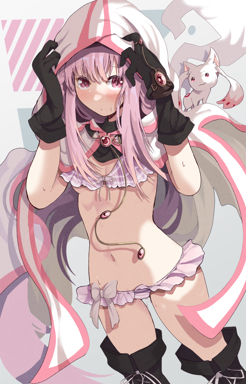 1girl, absurdres, bikini, black_boots, black_gloves, blunt_bangs, bonkareohagi, boots, braid, breasts, cloak, gloves, highres, hood, hooded_cloak, long_hair, magia_record:_mahou_shoujo_madoka_magica_gaiden, magical_girl, mahou_shoujo_madoka_magica, pink_eyes, pink_hair, plaid_bikini, plaid_clothes, sidelocks, small_breasts, small_kyubey, solo, swimsuit, tamaki_iroha, tamaki_iroha_(swimsuit_costume), thigh_boots, white_cloak