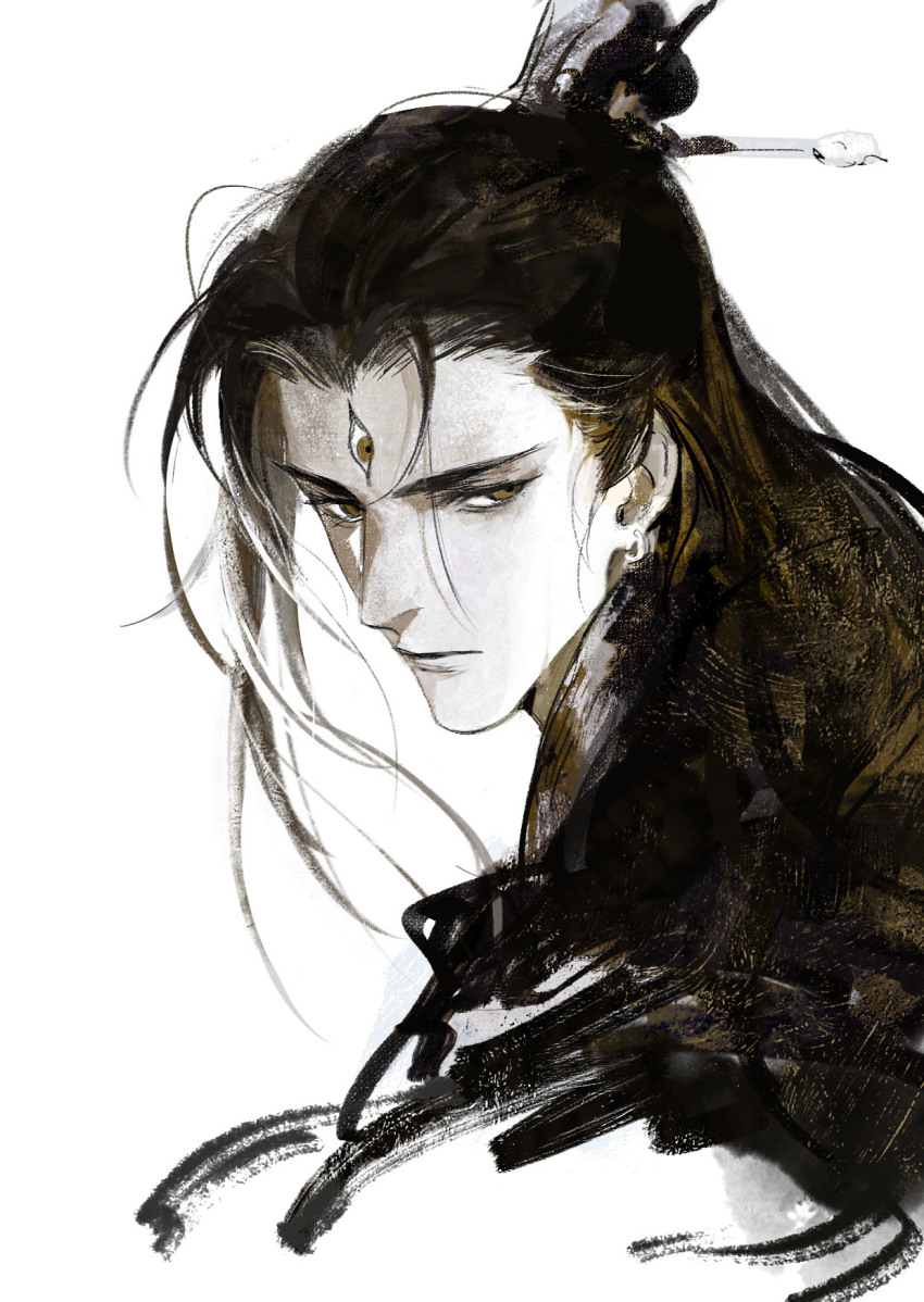 1boy, 21_shiji_qujing_lu, earrings, extra_eyes, hair_ornament, hair_stick, half_updo, highres