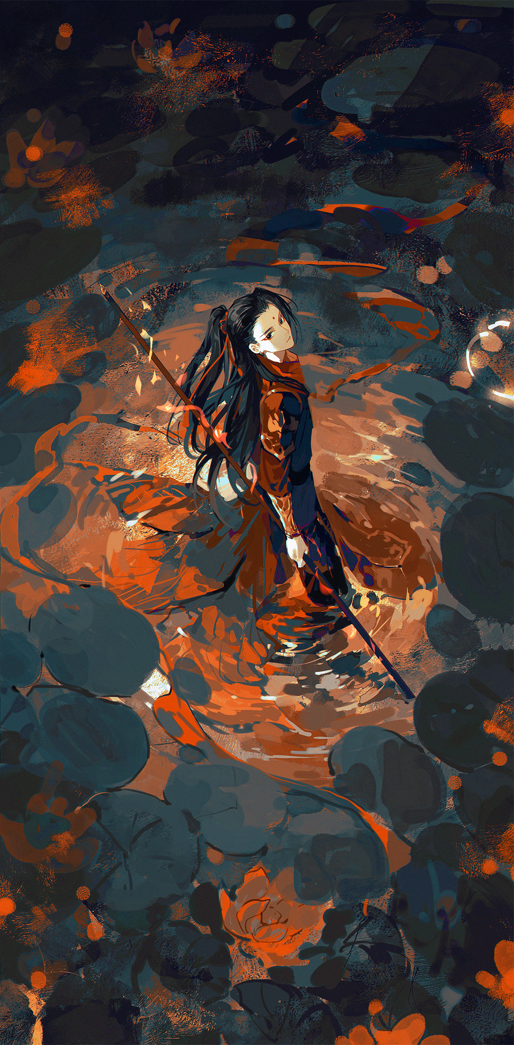 1boy, 21_shiji_qujing_lu, arm_guards, black_hair, eyeliner, facial_mark, flower, forehead_mark, from_above, hair_ribbon, half_updo, highres, holding, holding_polearm, holding_weapon, lily_pad, long_hair, long_sleeves, looking_at_viewer, looking_up, lotus, makeup, male_focus, nature, nezha, orange_theme, outdoors, polearm, pond, red_theme, ribbon, robe, solo, spear, standing, wading, water, weapon, xiandao1213