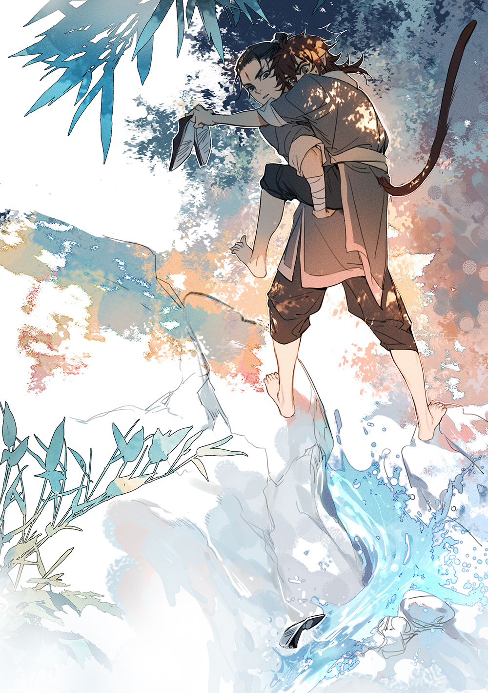 21_shiji_qujing_lu, 2boys, arm_wrap, bandages, barefoot, black_hair, black_pants, brown_hair