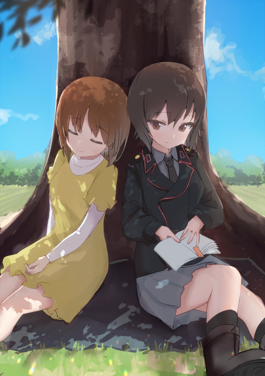 2girls, =_=, absurdres, black_footwear, black_jacket, black_necktie, book, boots