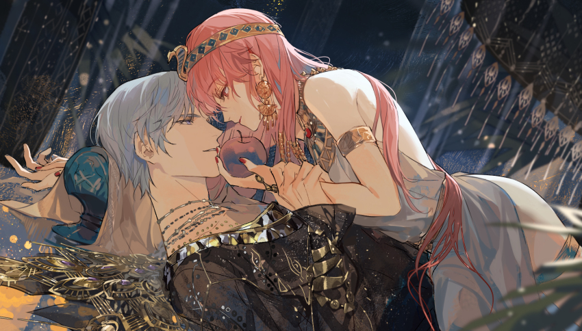 1boy, 1girl, ancient_egyptian_clothes, apple, arm_grab, armlet, bare_shoulders, bed_sheet