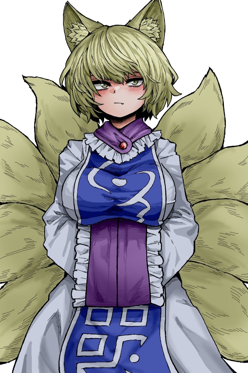 1girl, animal_ear_fluff, animal_ears, blonde_hair, breasts, closed_mouth, dress, fang, fe_(tetsu), fox_ears, fox_girl, fox_tail, hands_in_opposite_sleeves, highres, kitsune, large_breasts, looking_at_viewer, multiple_tails, missing_headwear, short_hair, simple_background, solo, standing, tabard, tail, touhou, white_background, white_dress, yakumo_ran, yellow_eyes