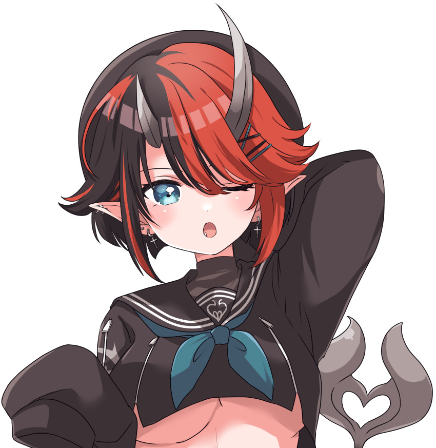 1girl, absurdres, beret, black_hair, black_hat, black_sailor_collar, black_serafuku, blue_eyes