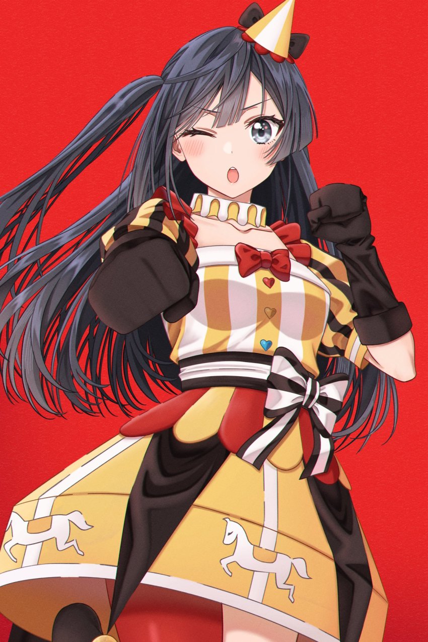 1girl, ;o, black_hair, blush, breasts, collarbone, commentary, dress