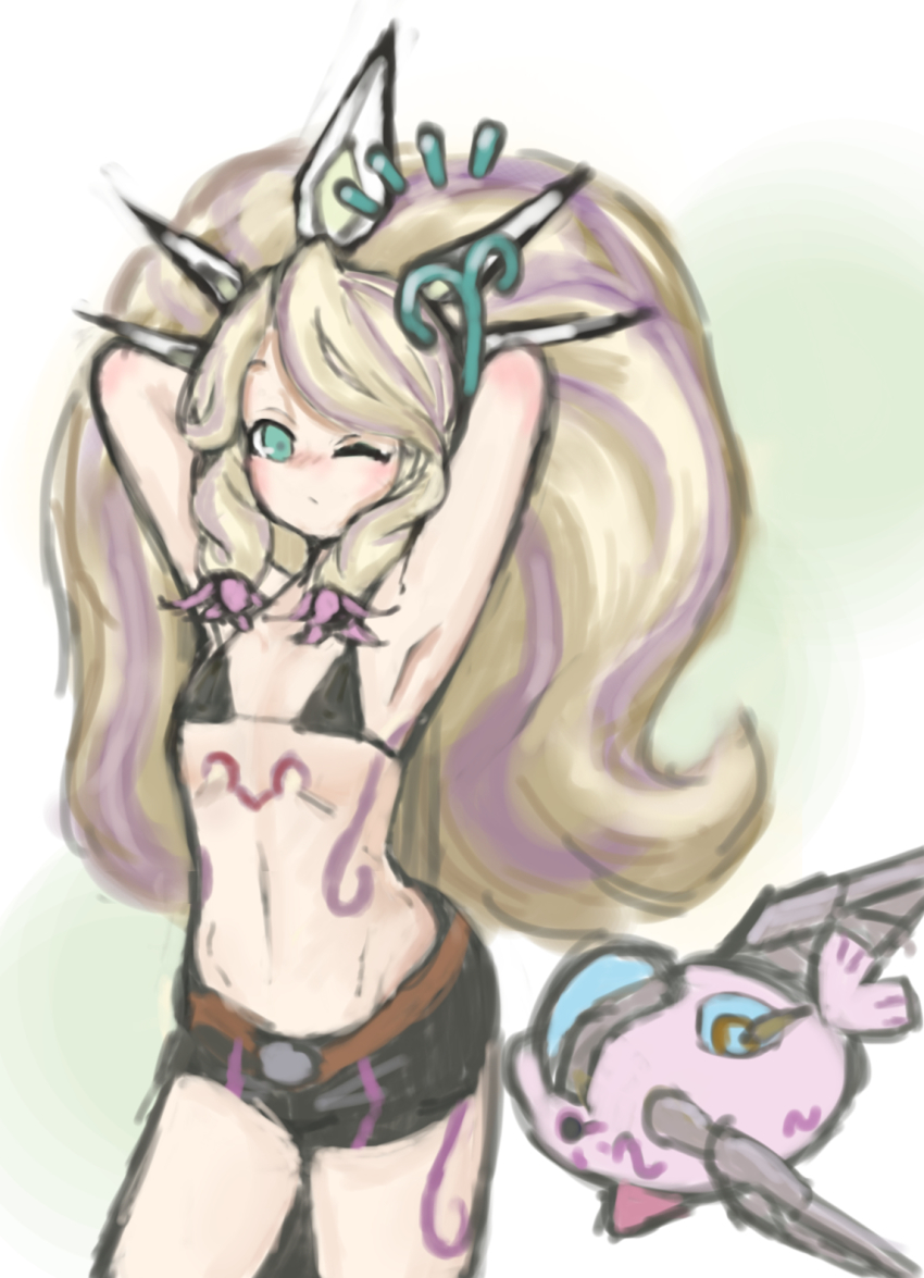 1girl, arms_behind_head, duel_monster, highres, kawa_iruka, ritual_beast_tamer_wen, ritual_beast_tamer_zefrawendi, spiritual_beast_pettlephin