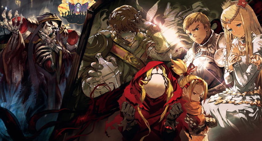 3boys, 3girls, ainz_ooal_gown, blonde_hair, blue_eyes, climb_(overlord), evileye_(overlord), highres