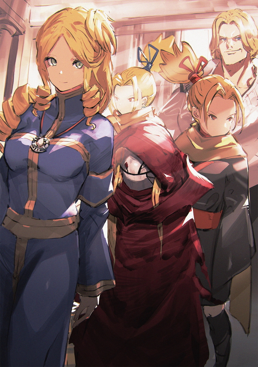 5girls, blonde_hair, blue_eyes, cloak, evileye_(overlord), gagaran, green_eyes, hair_tied_up, highres, indoors, lakyus_alvein_dale_aindra, mask, multiple_girls, novel_illustration, official_art, overlord_(maruyama), red_eyes, siblings, tagme, tia_(overlord), tina_(overlord), twins