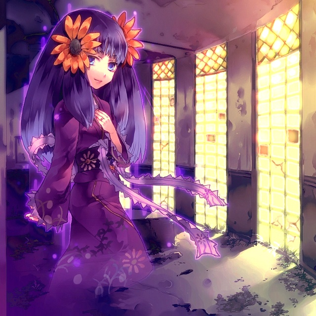 1girl, blue_eyes, blue_hair, chiyo_(fragile), female_focus, flower, fragile, fragile:_sayonara_tsuki_no_haikyo, ghost, hair_flower, hair_ornament, japanese_clothes, long_hair, matching_hair/eyes, pin, solo, spirit, sunakumo, window