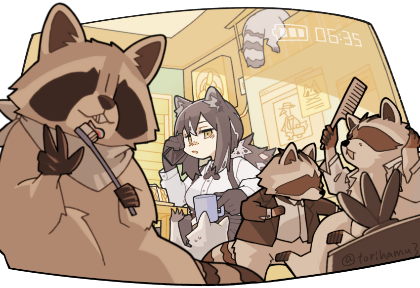 1girl, absurdres, animal, animal_ear_fluff, animal_ears, arknights, black_necktie, brown_hair, collared_shirt, comb, cross_tie, cup, ear_piercing, earclip, electric_fan, freckles, highres, holding, holding_comb, holding_cup, holding_toothbrush, indoors, konno_akikaze, long_sleeves, mug, multicolored_hair, necktie, open_mouth, piercing, ponytail, raccoon, raccoon_ears, raccoon_girl, raccoon_tail, robin_(arknights), shirt, solo, streaked_hair, tail, toothbrush, toothpaste, tuxedo, white_background, white_hair, white_shirt, yellow_eyes