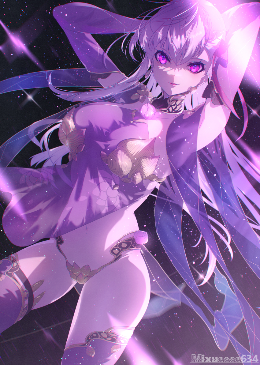 1girl, absurdres, arms_behind_head, breasts, detached_sleeves, earrings, fate/grand_order, fate_(series), highres, jewelry, kama_(assassin)_(second_ascension)_(fate), kama_(fate), kama_(second_ascension)_(fate), kama_(teenager)_(fate), large_breasts, long_hair, md5_mismatch, navel, purple_eyes, purple_theme, resolution_mismatch, smile, soi_soi_(mixueeee634), source_smaller, sparkle, thighhighs, watermark, wind