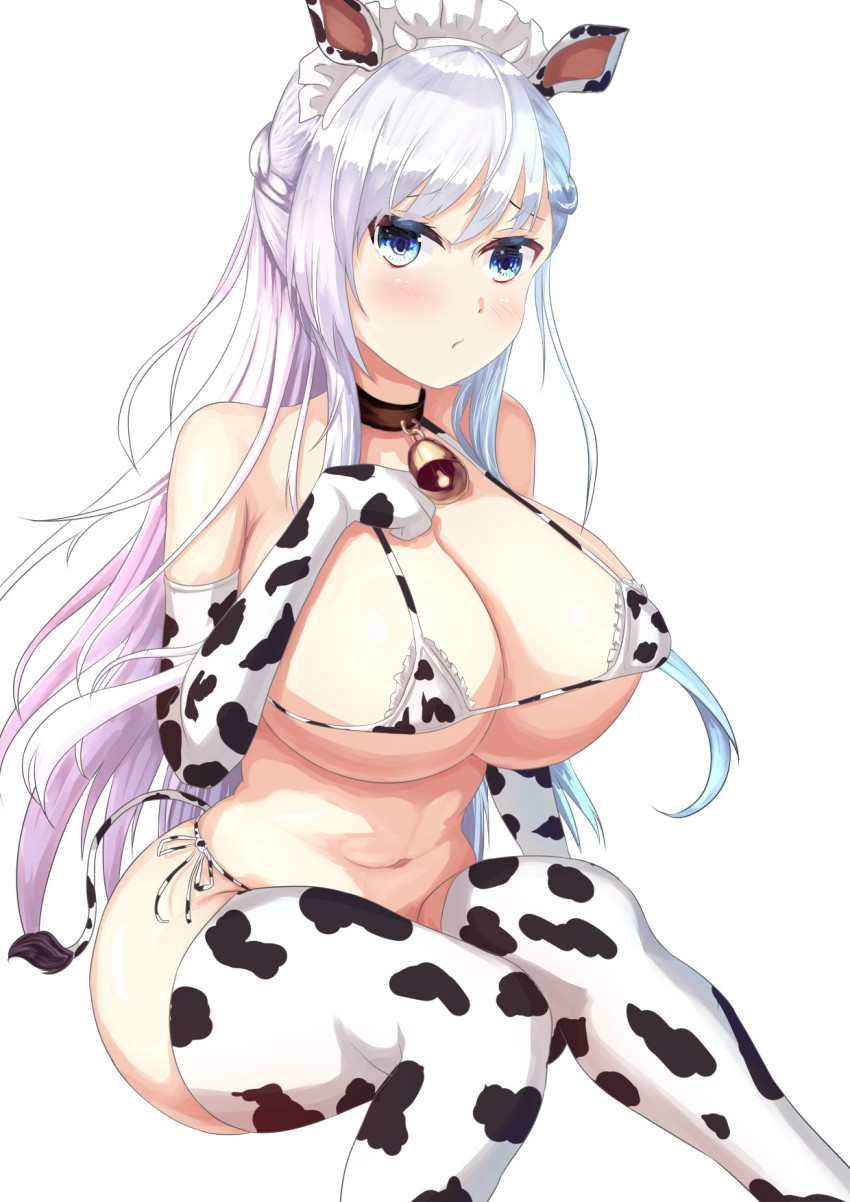 1girl, animal_ears, animal_print, azur_lane, belfast_(azur_lane), bell, bikini, blue_eyes, breasts, cow_ears, cow_girl, cow_print, cow_print_bikini, cow_tail, cowbell, elbow_gloves, fake_animal_ears, feet_out_of_frame, gloves, gradient_hair, hand_on_own_chest, highres, huge_breasts, jelilianamiku, light_purple_hair, looking_at_viewer, micro_bikini, multicolored_hair, print_bikini, side-tie_bikini_bottom, simple_background, sitting, solo, swimsuit, tail, thighhighs, white_background