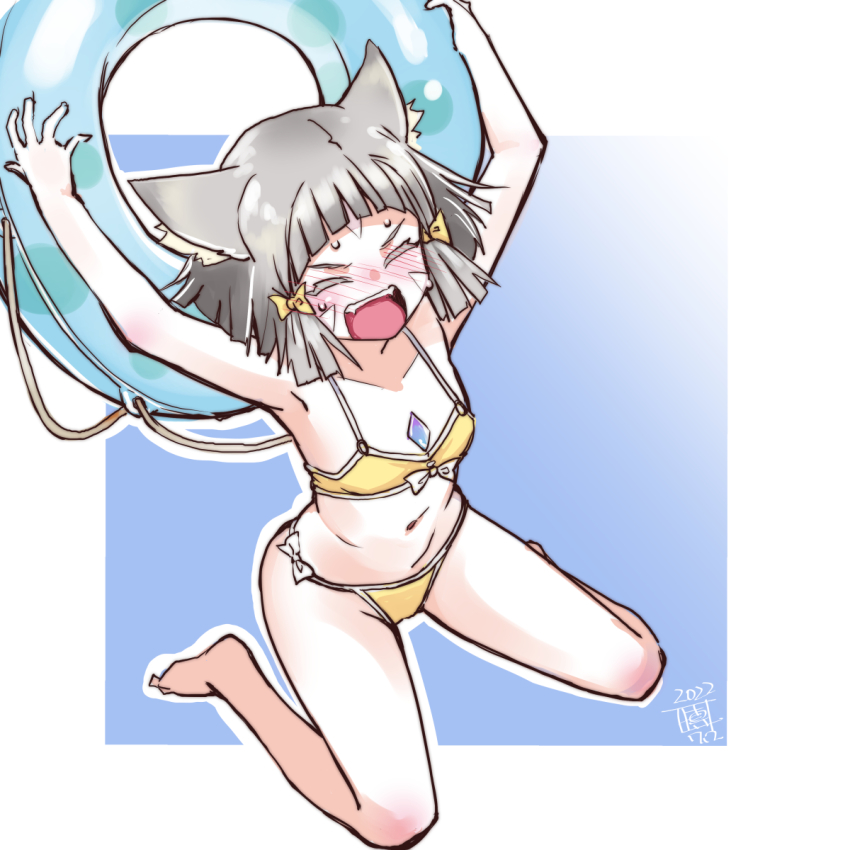 1girl, alternate_costume, ball, bikini, blunt_bangs, chest_jewel, flat_chest, highres