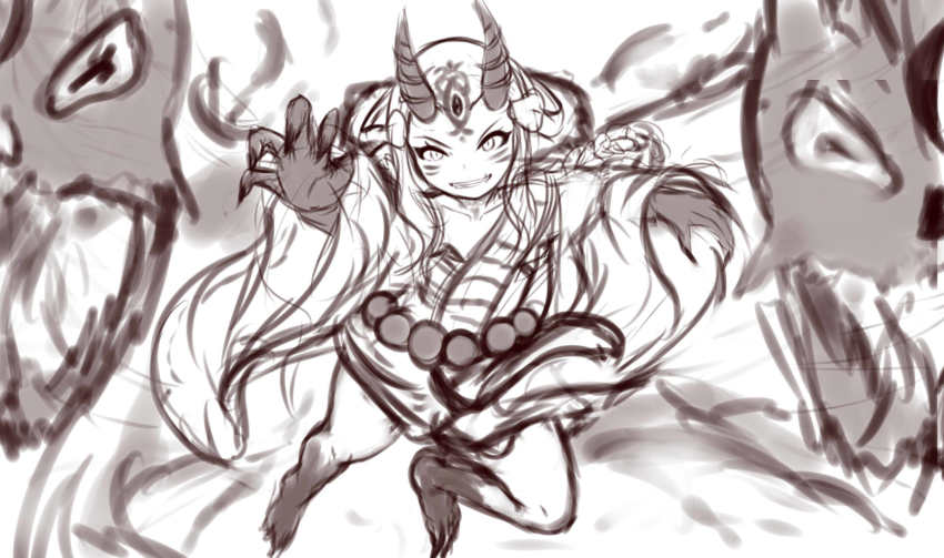 fate/grand_order, fate_(series), highres, horns, ibaraki_douji_(fate), ibaraki_douji_(third_ascension)_(fate), japanese_clothes, kimono, mikan_susano_o, oni, oni_horns, sketch, smile, tattoo, yukata