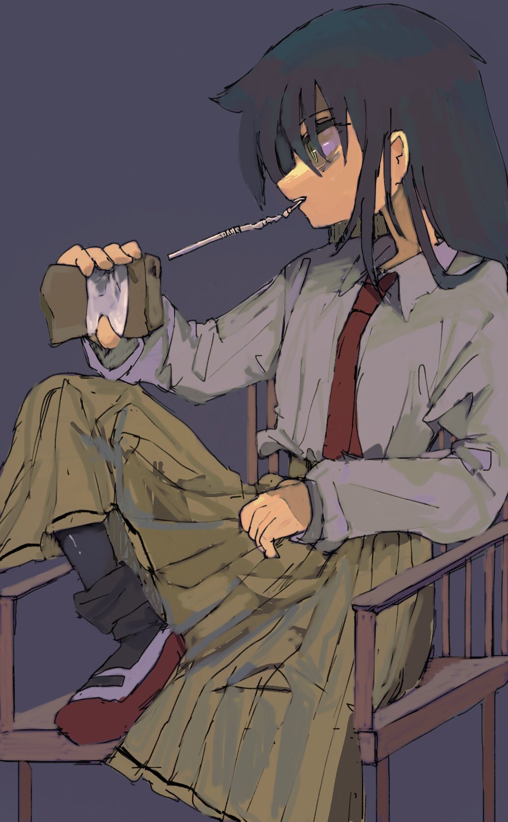 1girl, black_hair, chair, drink_carton, drinking_straw, green_eyes, hair_between_eyes, highres