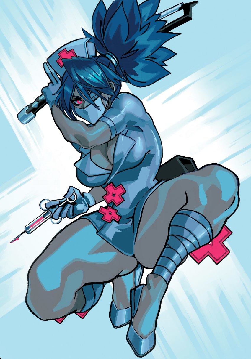 1girl, absurdres, bandaged_leg, bandages, blue_background, blue_hair, blue_theme, bonesaw