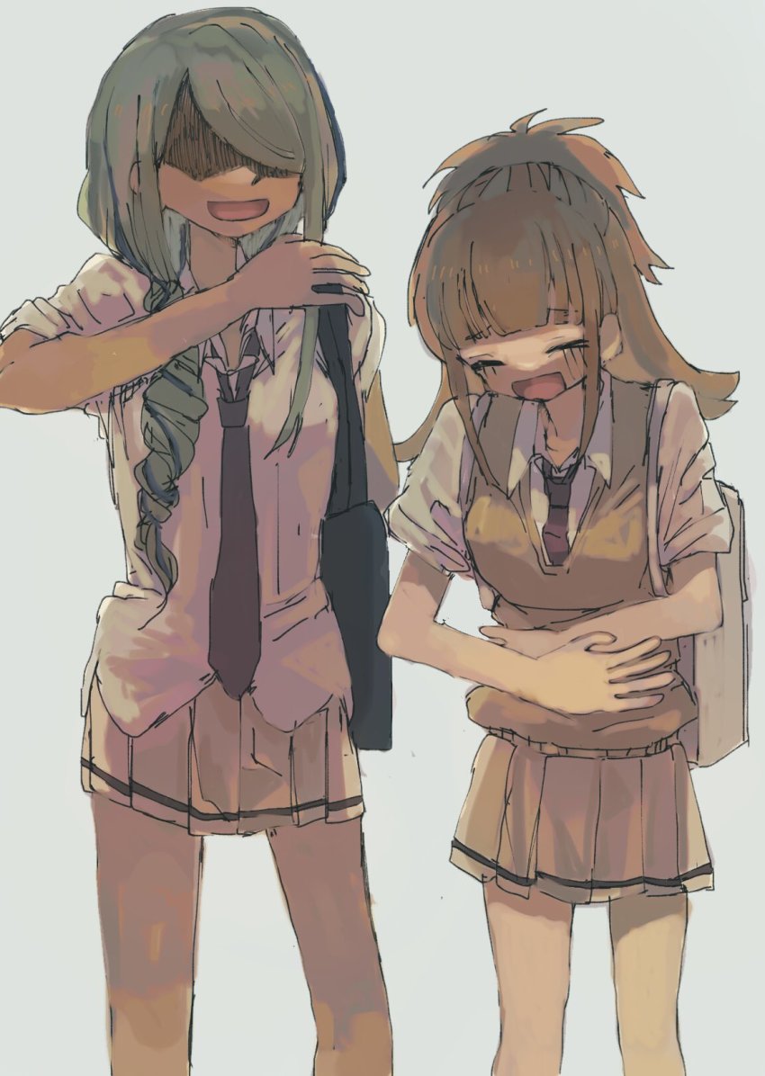 2girls, bag, braid, braided_ponytail, brown_hair, closed_eyes, eyeshadow, highres