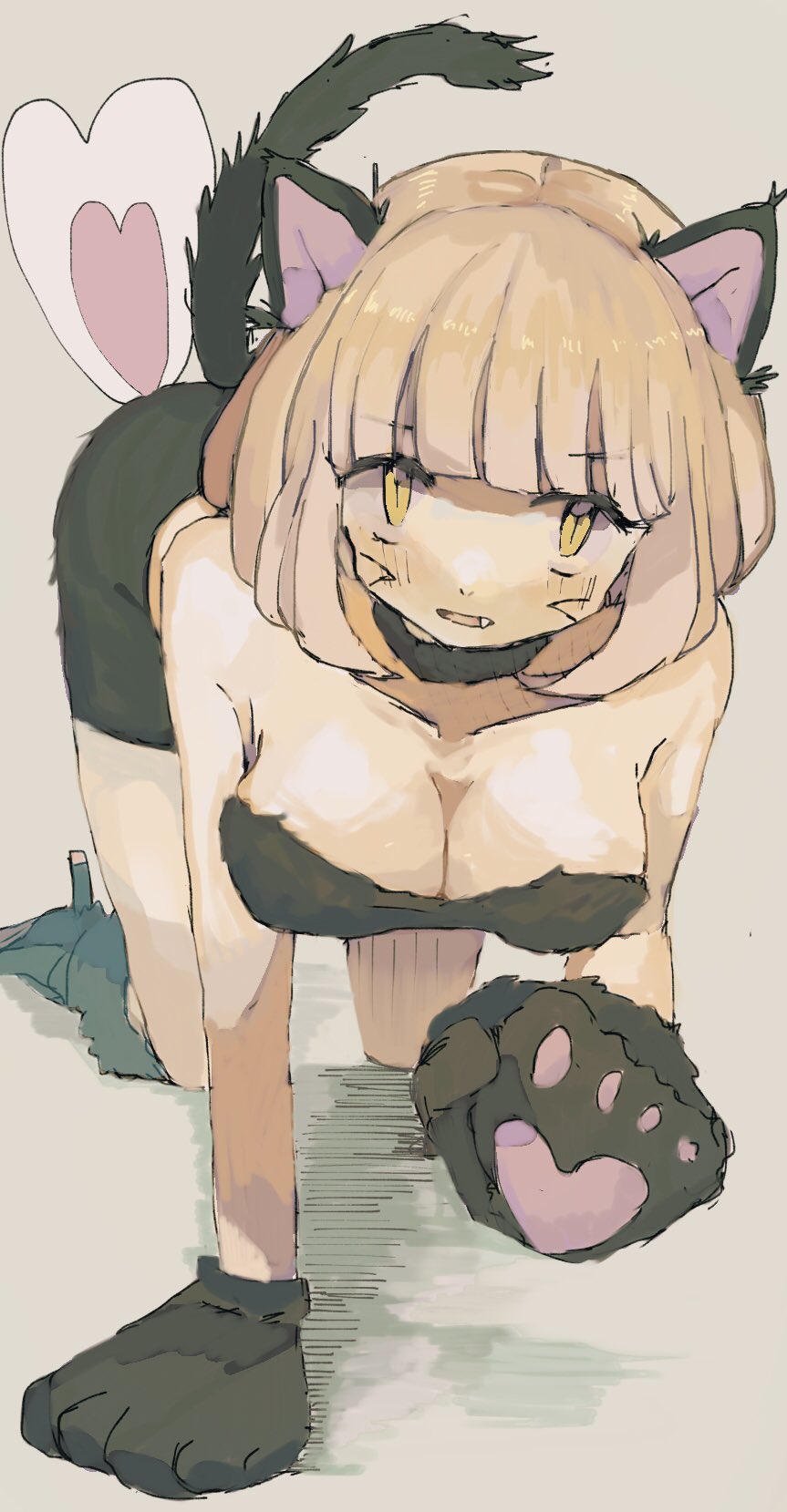 1girl, all_fours, animal_ears, animal_hands, blonde_hair, blunt_bangs, boots, breasts