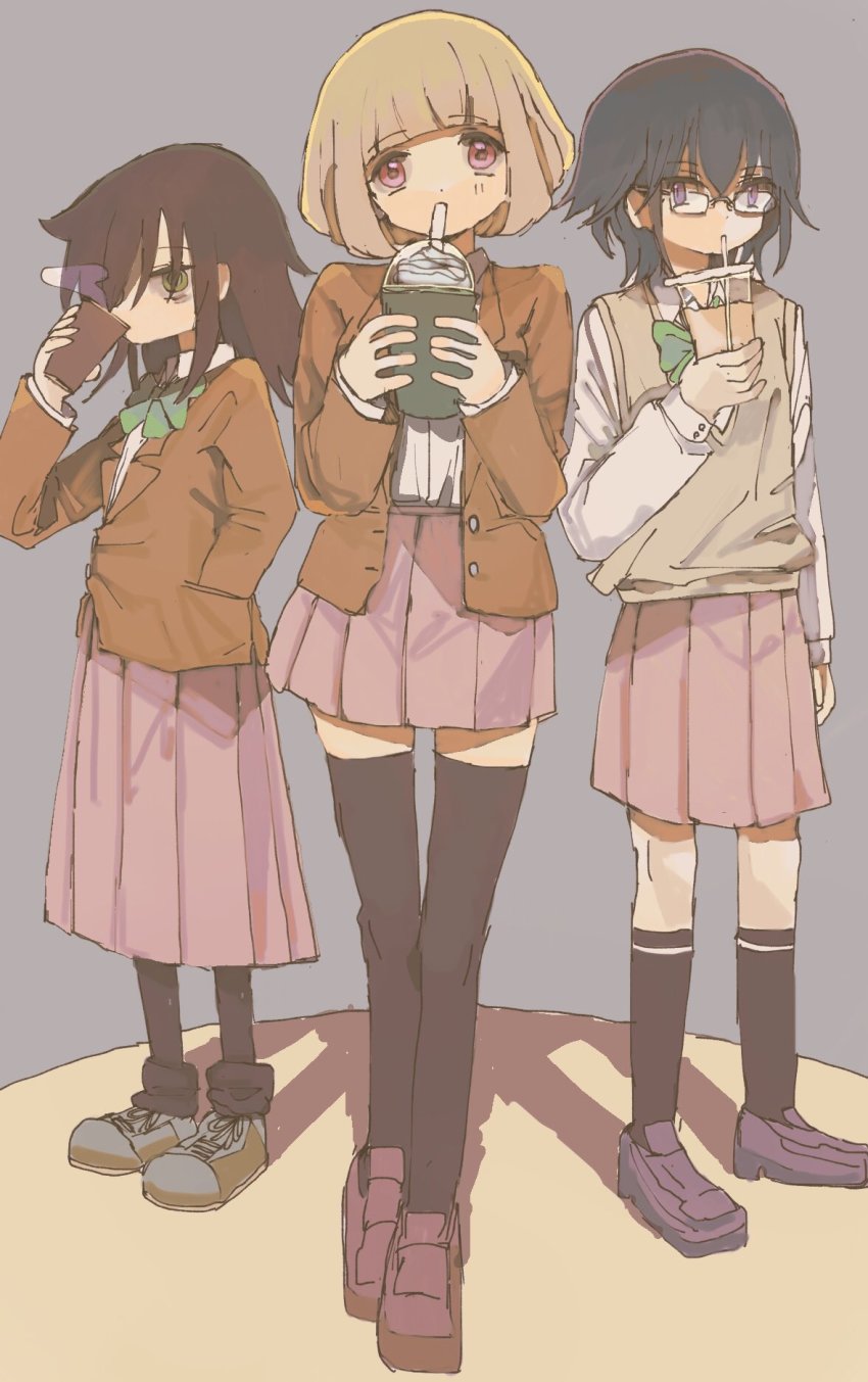 3girls, black_hair, blazer, blonde_hair, blunt_bangs, coffee, drinking, glasses