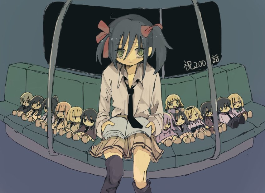 bags_under_eyes, black_hair, black_necktie, blonde_hair, book, character_doll, doll, green_eyes, hair_between_eyes, hair_ribbon, highres, hirasawa_shizuku, holding, holding_book, katou_asuka, komiyama_kotomi, kuroki_tomoki, kuroki_tomoko, looking_at_viewer, loose_clothes, loose_necktie, loose_shirt, loose_thighhigh, meimeiner, mima_sachi, minami_koharu, multicolored_hair, naruse_yuu, necktie, nemoto_hina, open_book, pink_hair, ribbon, sasaki_fuuka, school_uniform, shirt, sitting, skirt, smile, stuffed_toy, tamura_yuri, tanaka_mako, train_interior, twintails, uchi_emiri, watashi_ga_motenai_no_wa_dou_kangaetemo_omaera_ga_warui!, yellow_skirt, yoshida_masaki