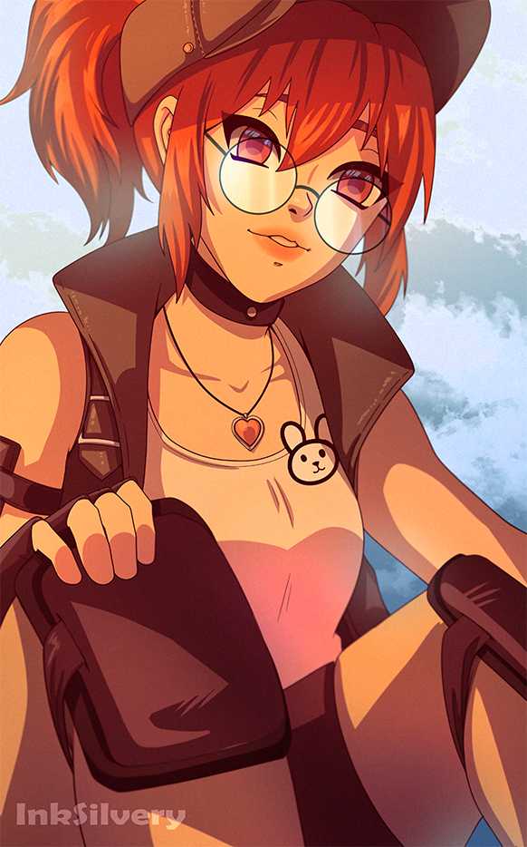 1girl, breasts, brown_hair, fio_germi, glasses, hat, high_ponytail, inksilvery