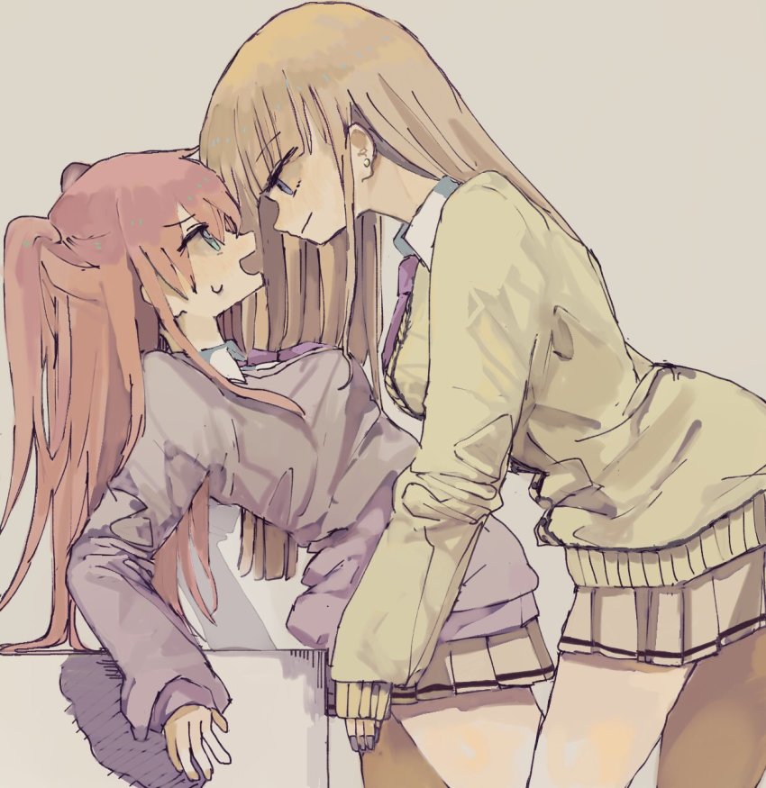 blue_eyes, breasts, brown_hair, cardigan, ear_piercing, earrings, face-to-face, from_side