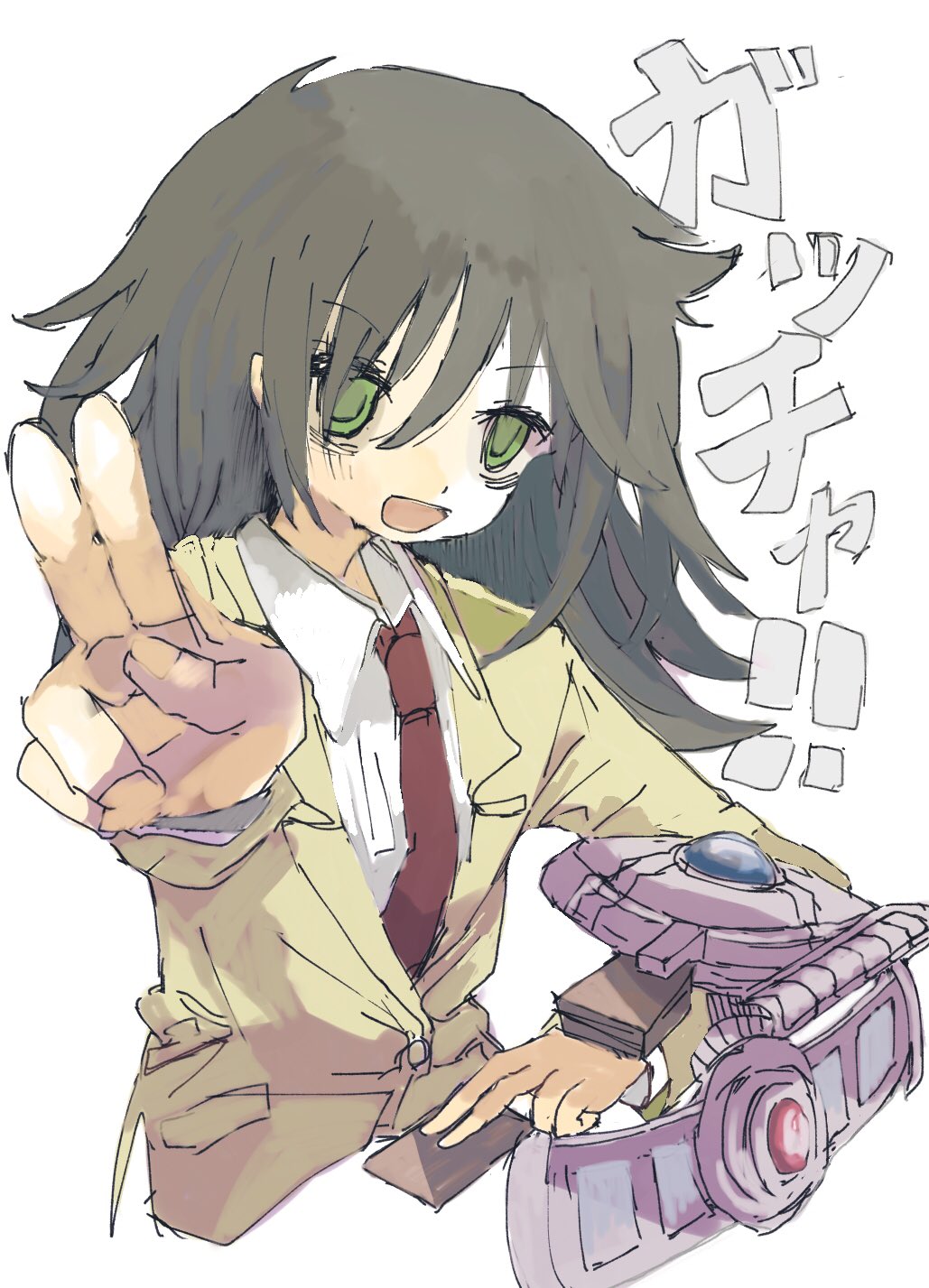 1girl, black_hair, blazer, card, duel_disk, green_eyes, hair_between_eyes, highres