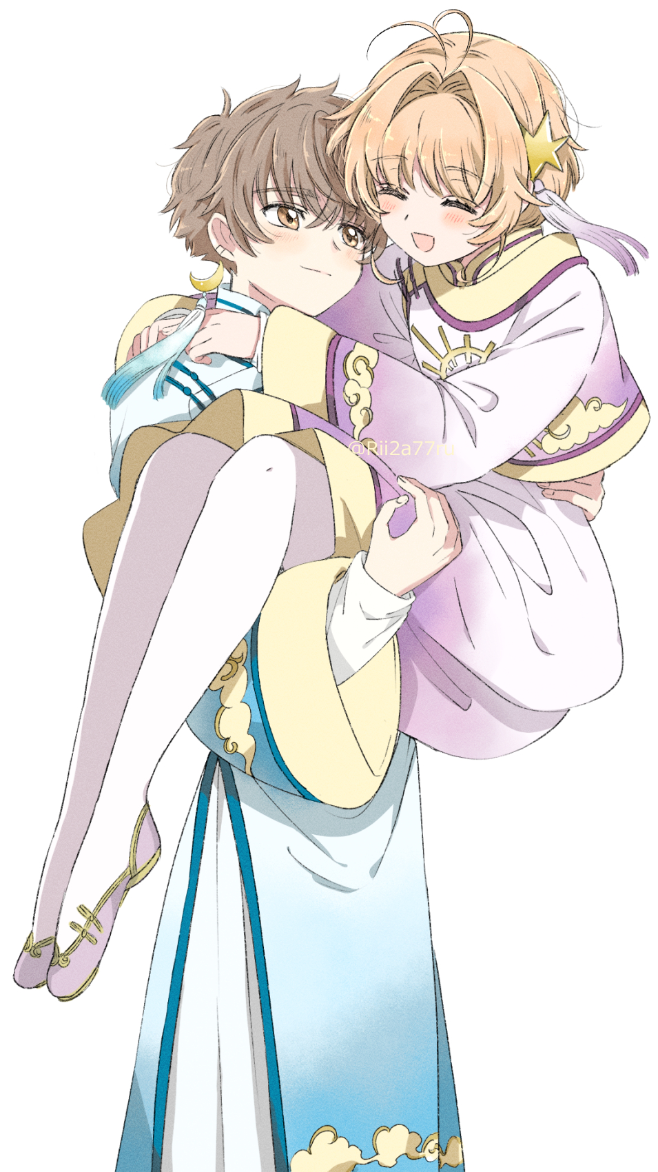 1boy, 1girl, ahoge, arms_around_neck, bad_id, bad_twitter_id, blonde_hair, blush