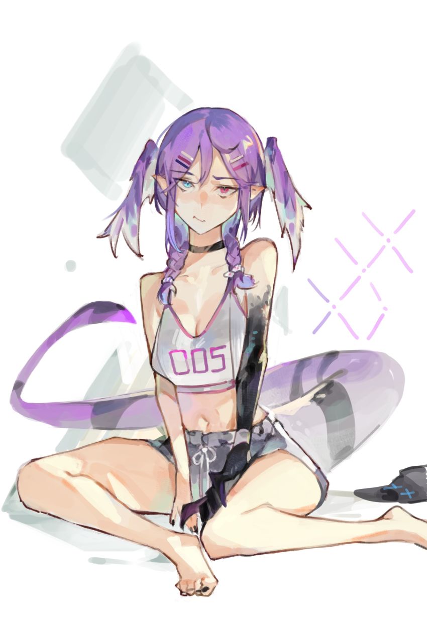 1girl, absurdres, ahoge, asymmetrical_arms, black_choker, black_nails, blue_eyes, blush