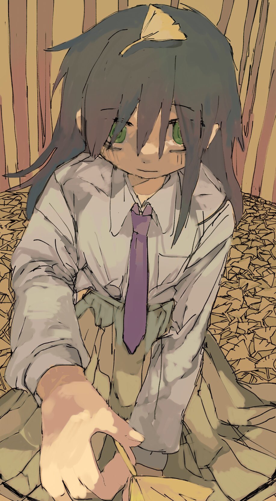 1girl, black_hair, dappled_sunlight, foreshortening, ginkgo_leaf, green_eyes, hair_between_eyes, hair_over_eyes