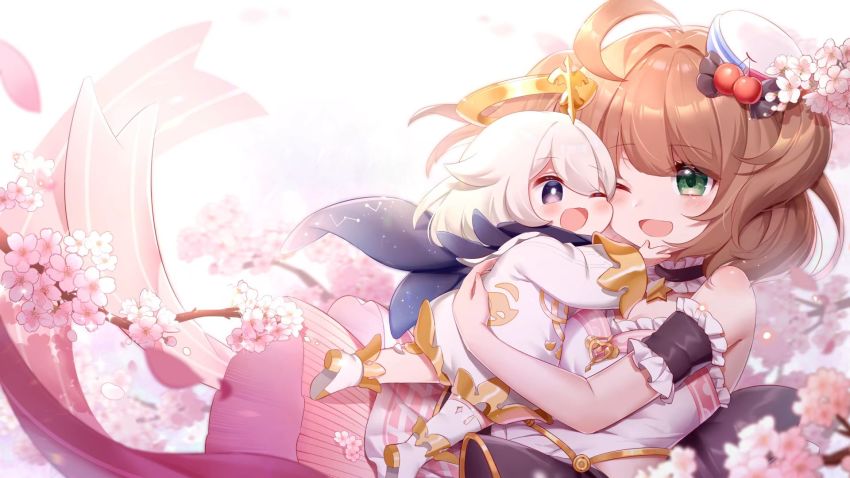 2girls, ahoge, artist_request, blush, brown_hair, cherry, cherry_blossoms, dress, duoduo_poi, eyebrows_hidden_by_hair, face-to-face, flower, food, fruit, genshin_impact, hair_between_eyes, halo, hat, highres, hug, looking_at_another, multiple_girls, one_eye_closed, open_mouth, paimon_(genshin_impact), ribbon, romper, short_hair, smile, twintails, virtual_youtuber, white_hair, white_romper