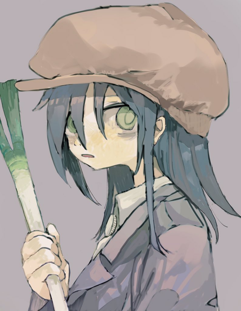 1girl, bags_under_eyes, black_hair, newsboy_cap, green_eyes, grey_jacket, hair_between_eyes, hat, holding, jacket, kuroki_tomoko, long_hair, looking_at_viewer, meimeiner, parted_lips, shirt, solo, spring_onion, watashi_ga_motenai_no_wa_dou_kangaetemo_omaera_ga_warui!, white_hair