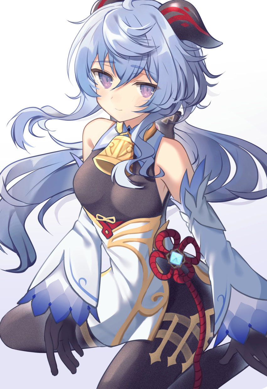 1girl, absurdres, ahoge, bad_id, bad_pixiv_id, bare_shoulders, bell, black_gloves, black_legwear, blue_hair, blush, breasts, chinese_knot, detached_sleeves, flower_knot, ganyu_(genshin_impact), genshin_impact, gloves, gold_trim, hajime_daijo, highres, horns, jewelry, long_hair, looking_at_viewer, medium_breasts, neck_bell, purple_eyes, sidelocks, sitting, smile, solo, tassel, thighlet, vision_(genshin_impact), white_sleeves