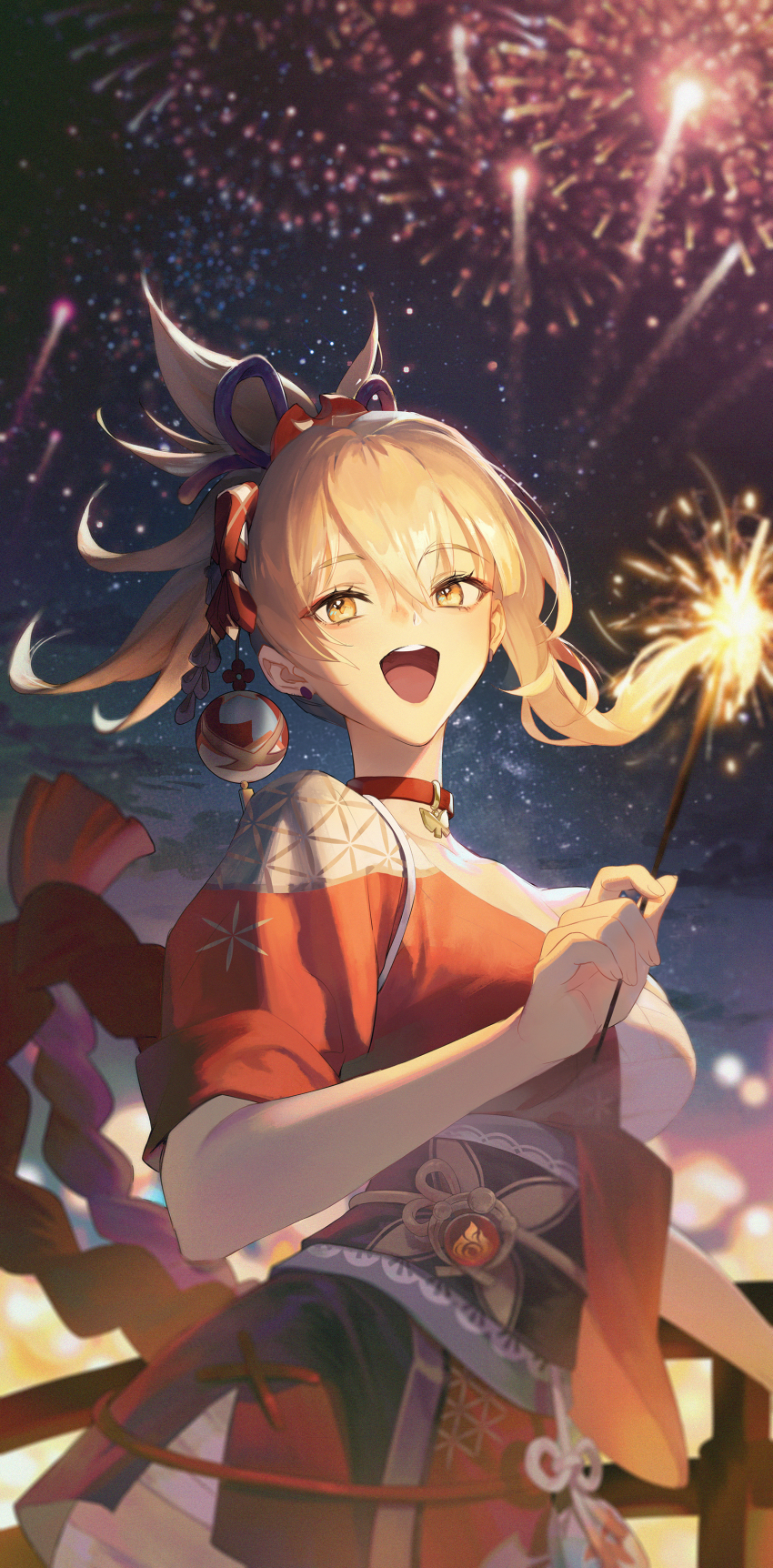 1girl, :d, absurdres, bandages, blonde_hair, breasts, choker, earrings