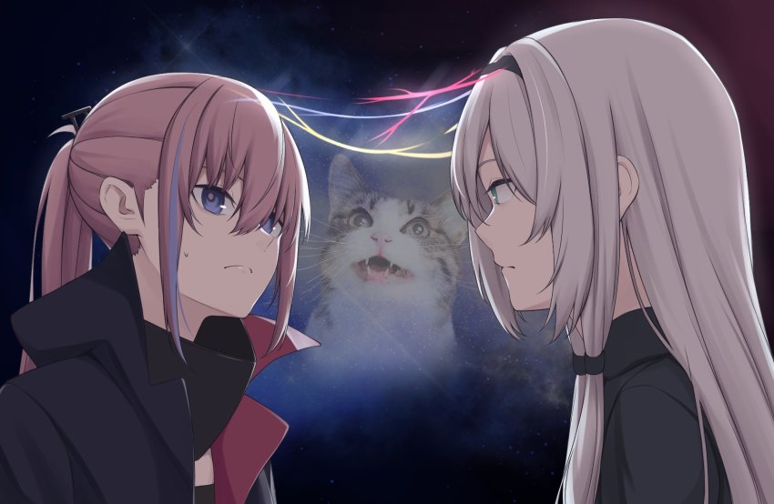 2girls, adachi_t_(xadachit), an-94_(girls'_frontline), an-94_(mod3)_(girls'_frontline), aqua_eyes, blue_eyes, cat, galaxy