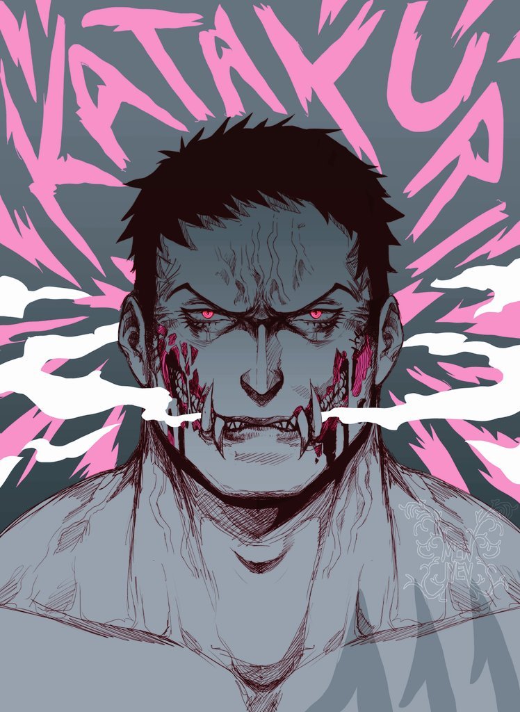 1boy, artist_logo, blood, blood_from_mouth, character_name, charlotte_katakuri, chest_tattoo, collarbone