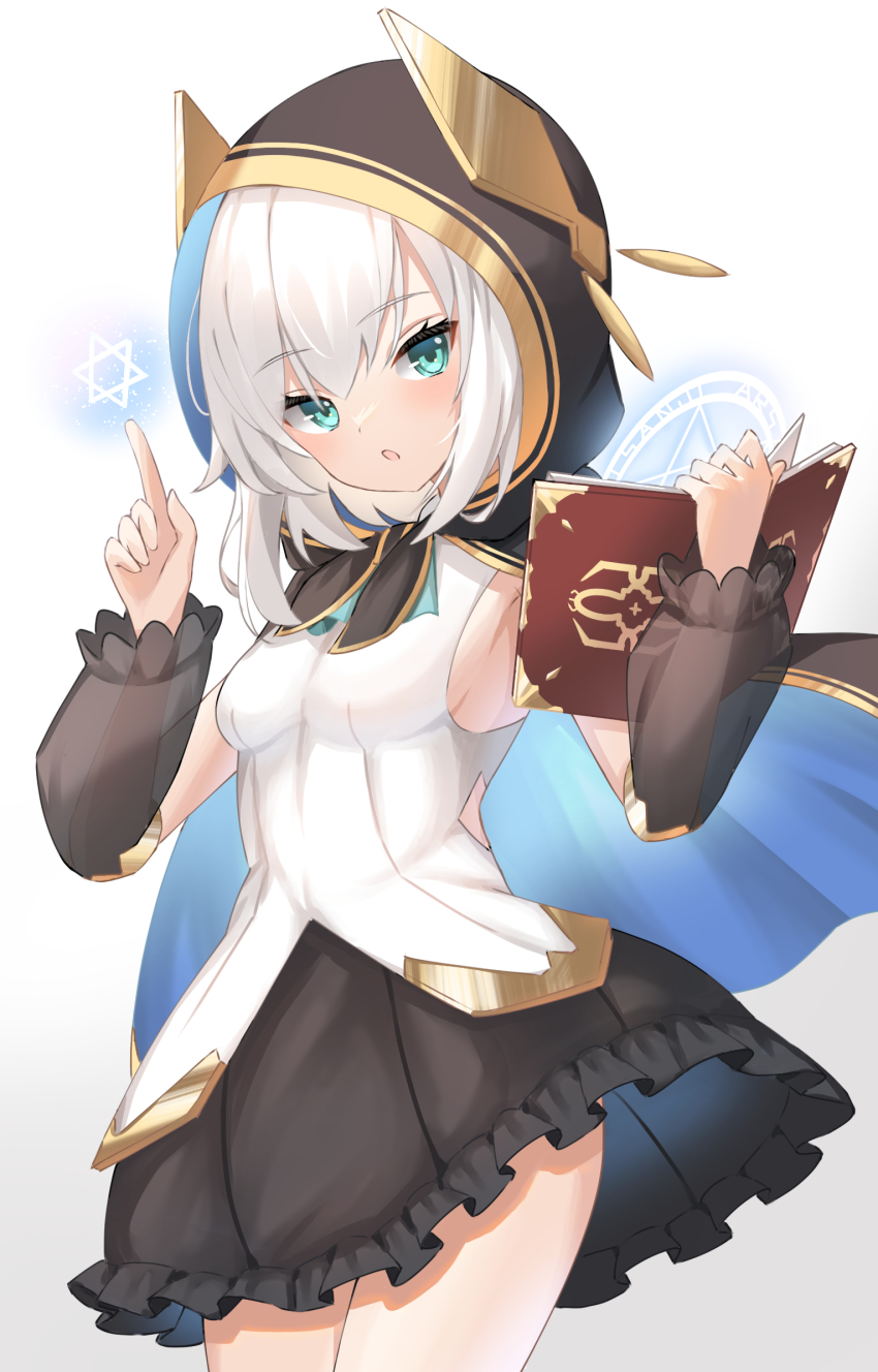 1girl, aqua_eyes, ars_almal, ars_almal_(1st_costume), ascot, asymmetrical_bangs, black_cape, black_hood