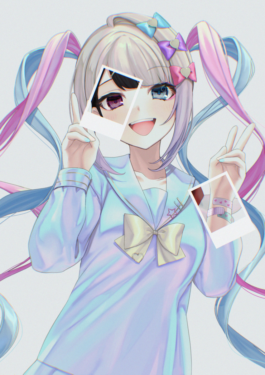 1girl, :d, absurdres, ame-chan_(needy_girl_overdose), bandaid, bandaid_on_arm, black_hair, blonde_hair