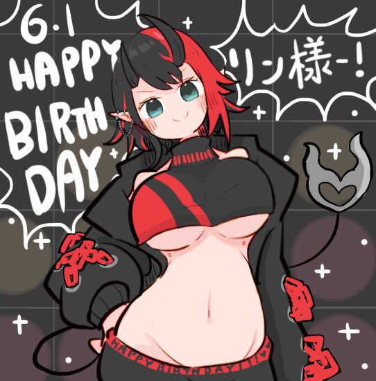 1girl, black_hair, black_horns, black_jacket, black_sports_bra, blue_eyes, blush, breasts, closed_mouth, commentary_request, dated, demon_girl, demon_horns, demon_tail, ear_piercing, grey_background, groin, happy_birthday, horns, jacket, large_breasts, long_sleeves, looking_at_viewer, midriff, miso_love_ini, multicolored_hair, nanashi_inc., navel, open_clothes, open_jacket, piercing, pointy_ears, red_hair, ryugasaki_rene, ryugasaki_rene_(1st_costume), short_hair, smile, solo, sports_bra, tail, two-tone_hair, two-tone_sports_bra, underboob, upper_body, virtual_youtuber