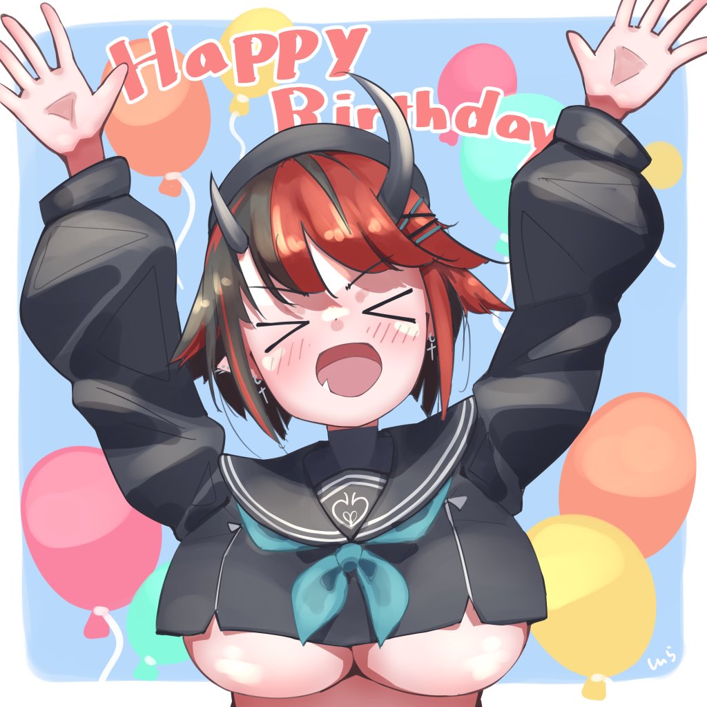 >_<, 1girl, :d, arms_up, beret, black_hair, black_hat, black_sailor_collar, black_serafuku, blue_neckerchief, blush, breasts, carmi11la, commentary_request, crop_top, cross, cross_earrings, demon_girl, demon_horns, ear_piercing, earrings, hair_ornament, happy_birthday, hat, horns, jewelry, large_breasts, long_sleeves, looking_at_viewer, multicolored_hair, nanashi_inc., neckerchief, official_alternate_costume, open_mouth, piercing, pointy_ears, red_hair, ryugasaki_rene, ryugasaki_rene_(3rd_costume), sailor_collar, school_uniform, serafuku, short_hair, smile, solo, two-tone_hair, underboob, upper_body, virtual_youtuber, x_hair_ornament