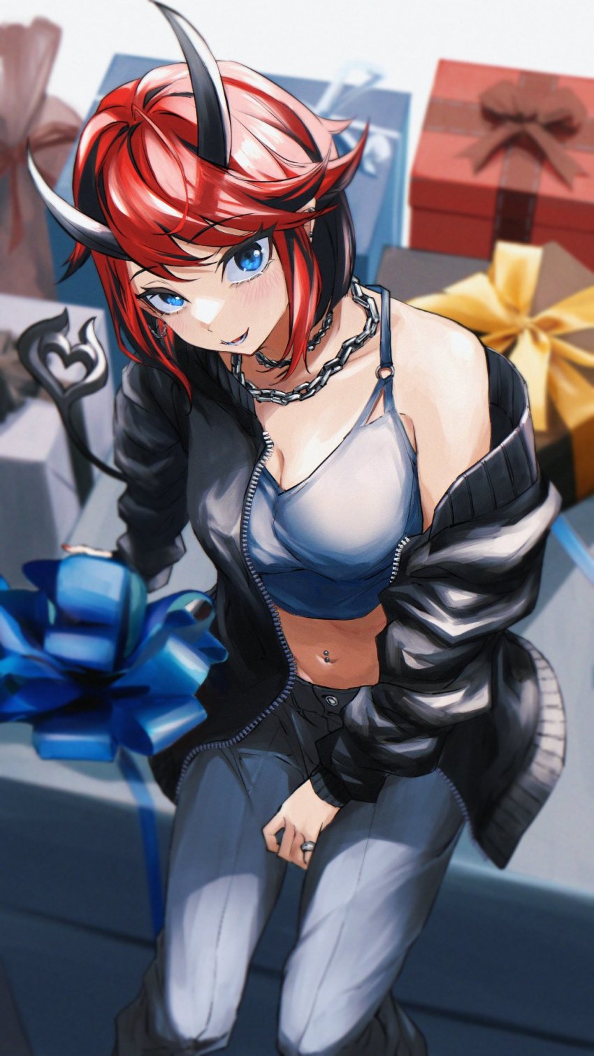 1girl, alternate_costume, black_hair, black_jacket, blue_eyes, blurry, blurry_background, blush