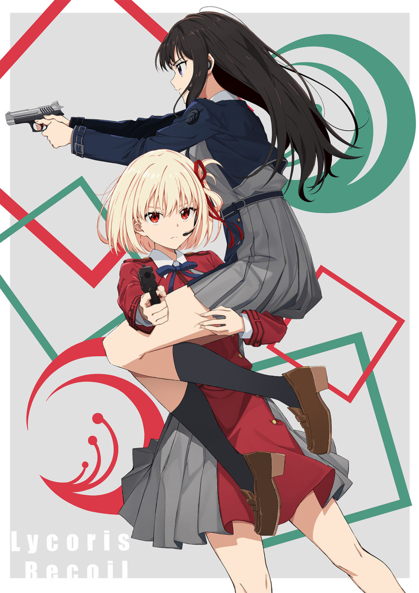 2girls, aiming, aiming_at_viewer, bag, black_hair, blonde_hair, dress, finger_on_trigger, gun, hair_ribbon, handgun, highres, hug, inoue_takina, long_hair, lycoris_recoil, multiple_girls, nishikigi_chisato, paperca-ke, pistol, red_eyes, red_ribbon, ribbon, short_hair, smith_&amp;_wesson_m&amp;p, two-tone_dress, weapon