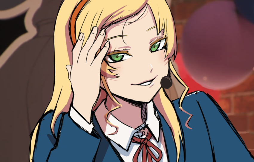 1girl, adjusting_hair, blonde_hair, blue_jacket, coco_apollon, collarbone, hairband, headset