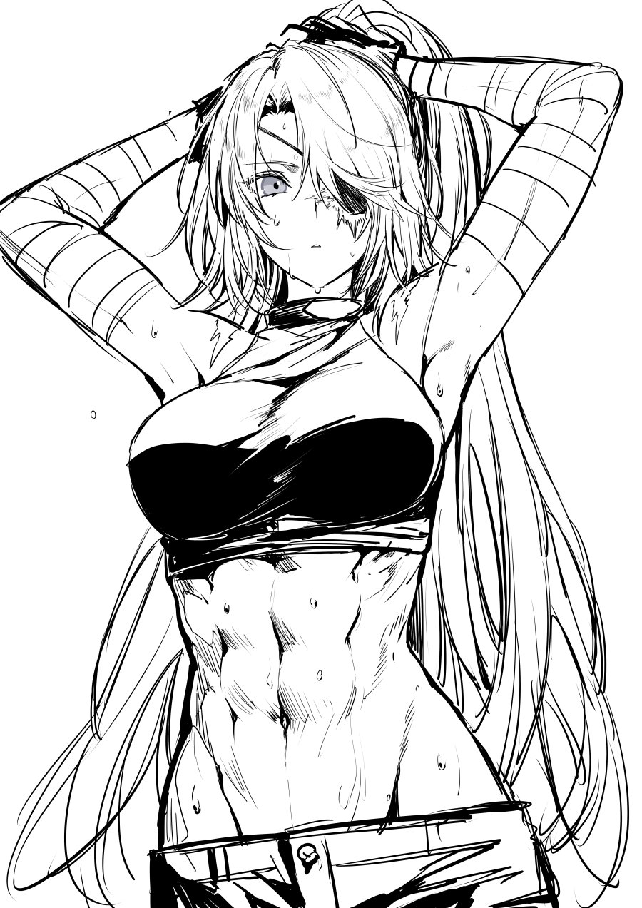 1girl, abs, armpits, arms_up, bandaged_arm, bandages, breasts, commentary_request, eyepatch, greyscale, highres, long_hair, lydia_macarthur, medium_breasts, midriff, monochrome, muscular, muscular_female, navel, original, scar, solo, sweat, unfinished, very_long_hair, waka_(shark_waka)