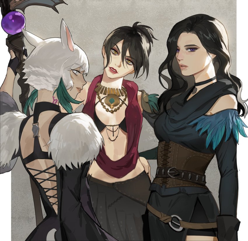 3girls, animal_ears, animification, back_cutout, bead_necklace, beads, belt, bikini, bikini_top_only, bikini_under_clothes, black_bikini, black_choker, black_dress, black_gloves, black_hair, black_scarf, black_skirt, brown_collar, brown_corset, cat_ears, choker, clothing_cutout, collar, commentary, corset, cowboy_shot, crossover, dragon_age, dragon_age:_origins, dress, facial_mark, feather_hair_ornament, feathers, final_fantasy, final_fantasy_xiv, fur-trimmed_dress, fur_trim, gloves, grey_background, hair_between_eyes, hair_ornament, hand_on_own_hip, head_tilt, highres, holding, holding_staff, jewelry, long_hair, looking_at_viewer, midriff, miqo'te, mole, mole_above_mouth, mole_under_mouth, morrigan_(dragon_age), multiple_girls, neck_tattoo, necklace, parted_lips, pleasebemine00, ponytail, purple_eyes, red_lips, scarf, short_hair, short_ponytail, shoulder_cutout, side_slit, skirt, staff, standing, swimsuit, tattoo, the_witcher_(series), trait_connection, wavy_hair, white_eyes, white_hair, y'shtola_rhul, yellow_eyes, yennefer_of_vengerberg