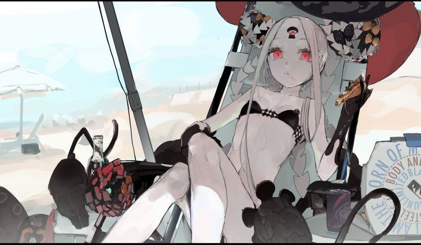 1girl, abigail_williams_(fate), abigail_williams_(swimsuit_foreigner)_(fate), bikini, black_bikini, breasts, can, deck_chair