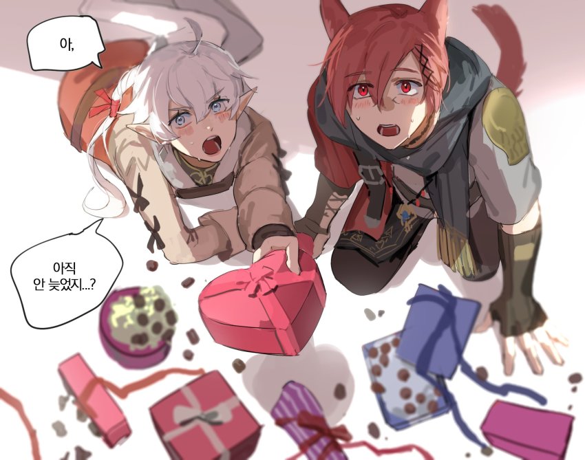 1boy, 1girl, ahoge, alisaie_leveilleur, animal_ears, bag, black_gloves, black_scarf
